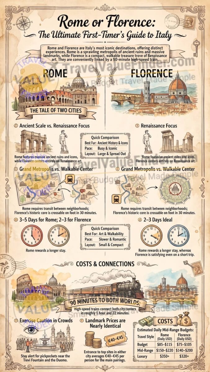 Rome or Florence Travel Guide - Which Italian City Is Better for First-Time Visitors? Infographic - Travel Value Finder