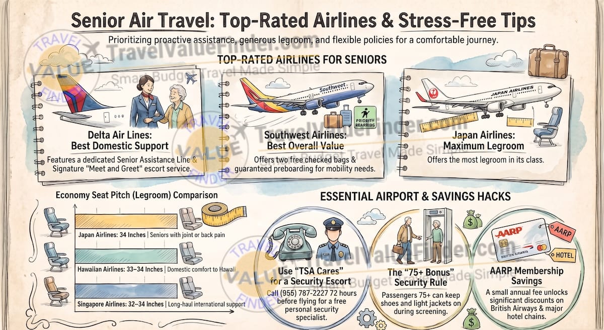 Best Airlines for Senior Travelers 2026: Comfort, Assistance & Real Value Compared 1 Senior Air Travel Tips Guide - Best Airlines for Senior Travelers Infographic - Travel Value Finder