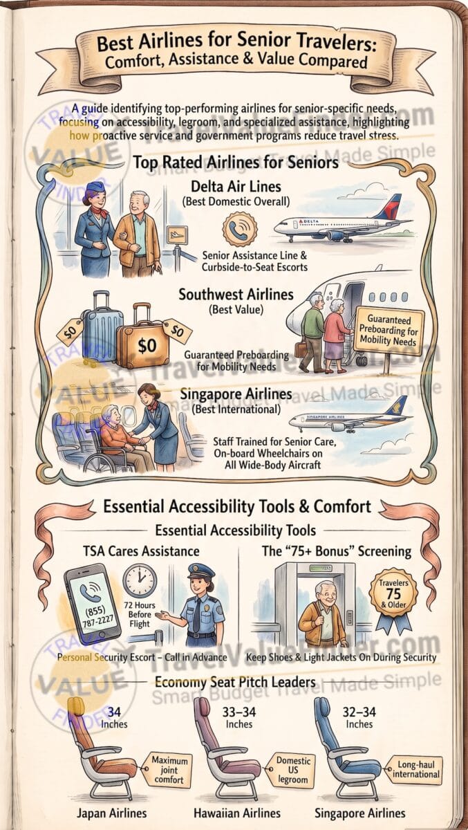 Best Airlines for Senior Travelers 2026: Comfort, Assistance & Real Value Compared 2 Senior Travel Airline Comparison Guide - Best Airlines for Senior Travelers Infographic - Travel Value Finder
