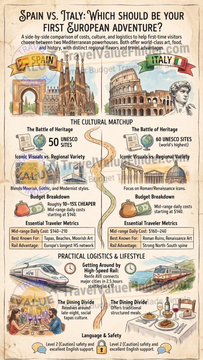 Spain vs. Italy Travel Comparison Infographic - Travel Value Finder