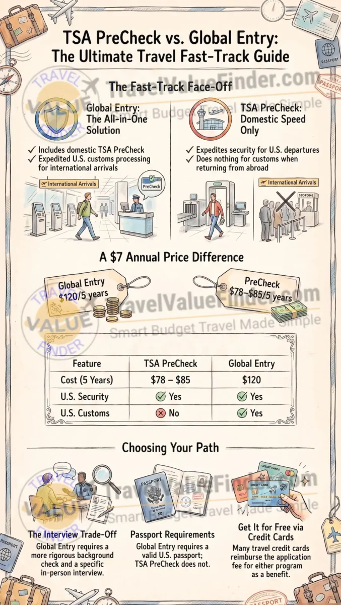 Global Entry or TSA PreCheck - Here's the One I'd Actually Pay For 2 TSA PreCheck Versus Global Entry- Global Entry or TSA PreCheck Infographic - Travel Value Finder