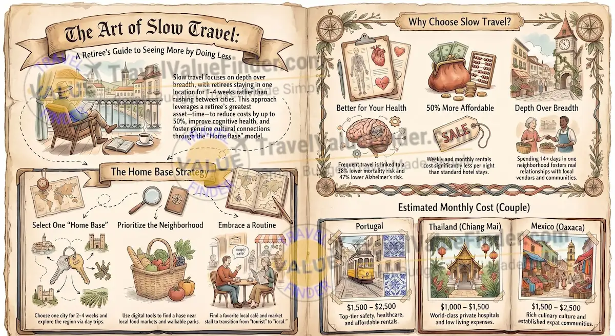 Slow Travel in Retirement: How to See the World Without Rushing 1 The Art of Slow Travel Infographic Slow Travel In Retirement- Travel Value Finder