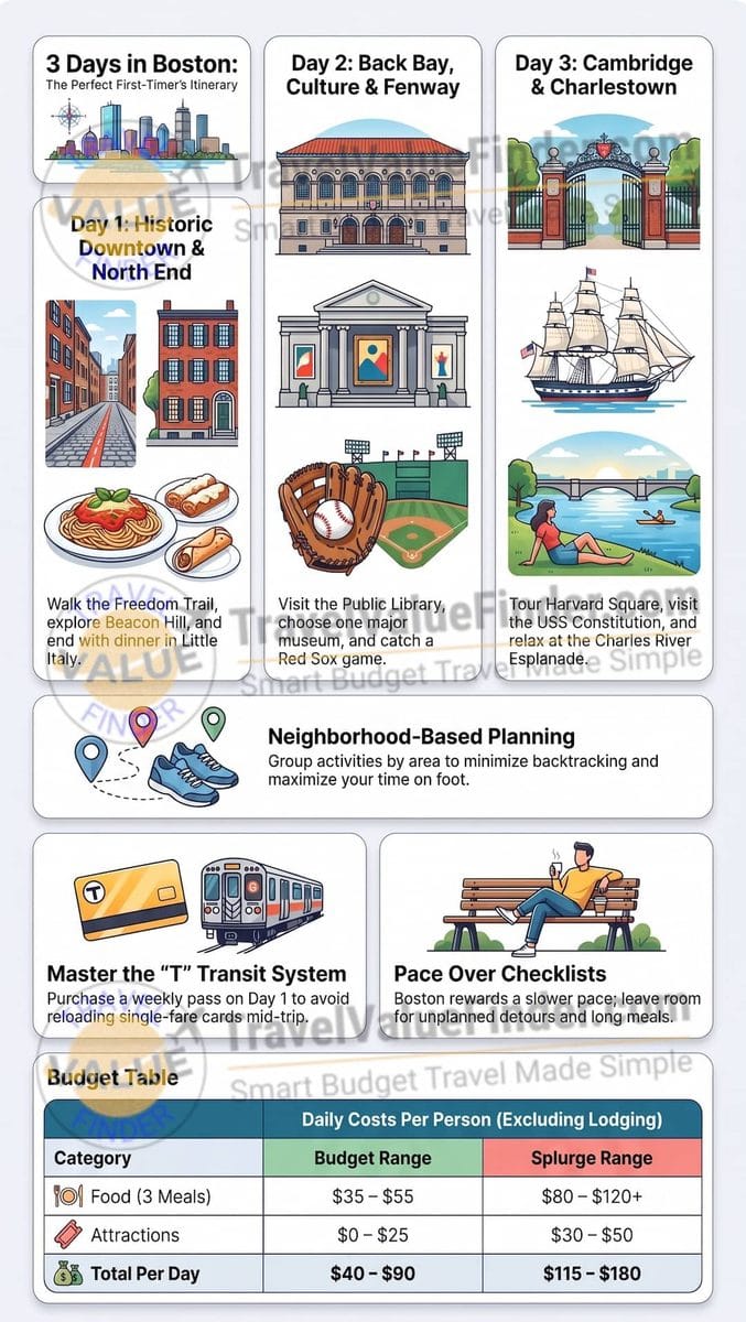 3 Days in Boston: The Perfect First-Timer's Itinerary 2 3 Days in Boston - The Essential First-Timer Itinerary Infographic - Travel Value Finder