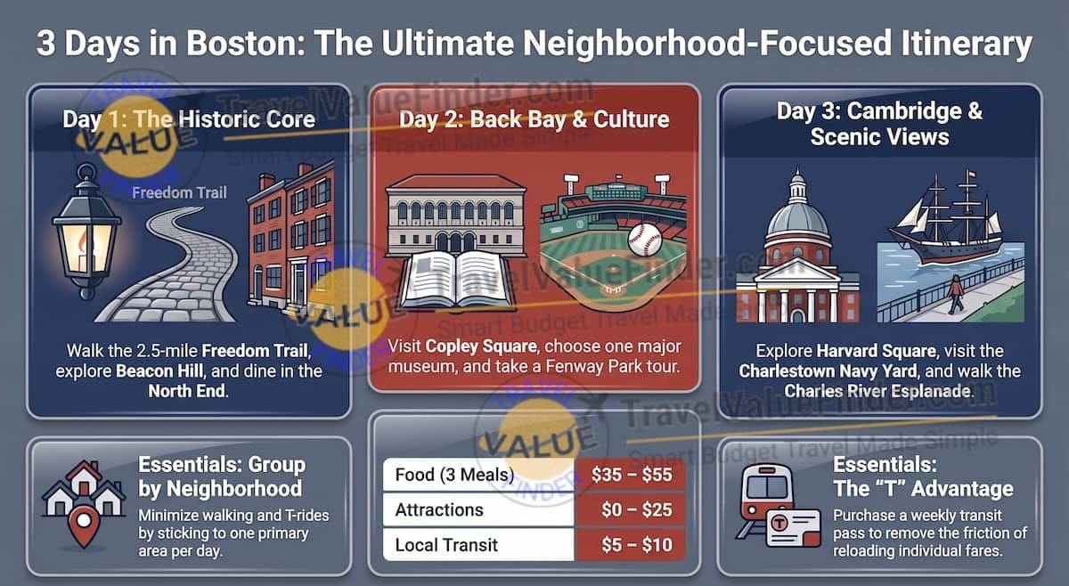 3 Days in Boston: The Perfect First-Timer's Itinerary 1 3 Days in Boston - The Ultimate First-Timer Itinerary Infographic - Travel Value Finder