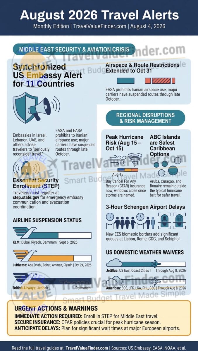 August 2026 Travel Alerts - Travel Advisory Infographic - Travel Value Finder