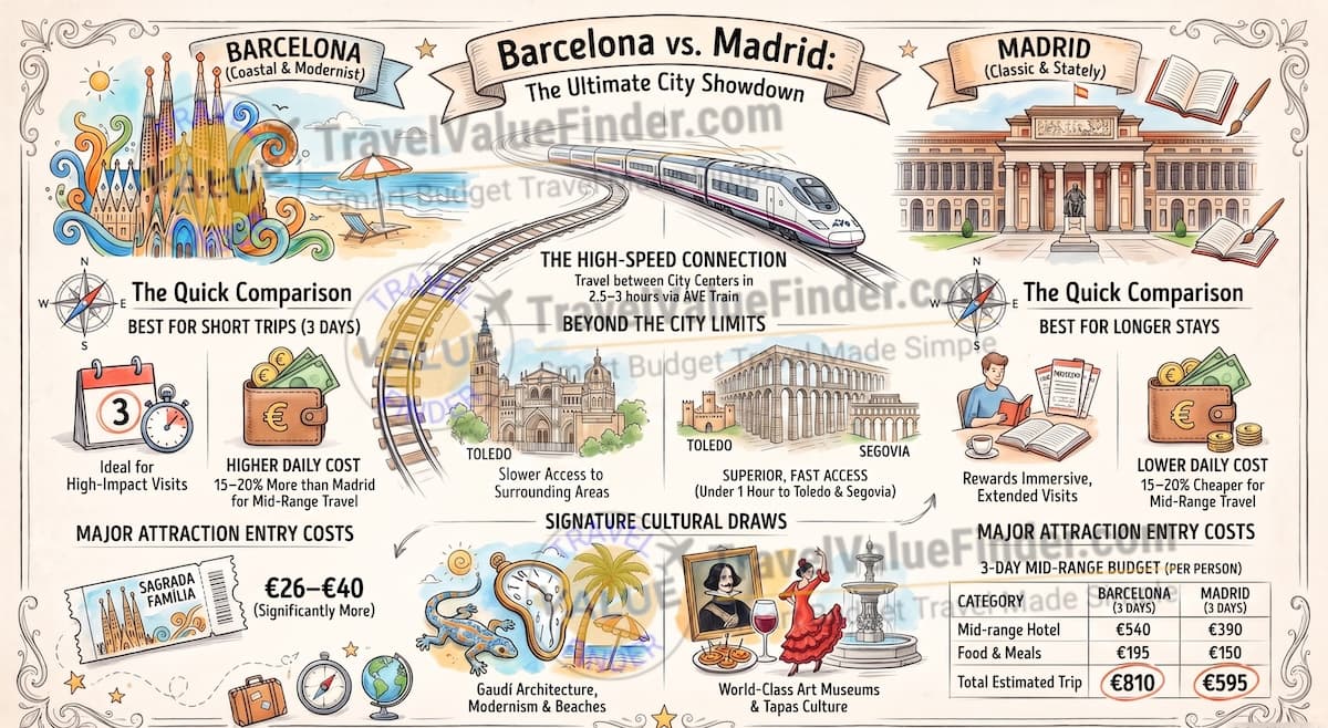 Barcelona vs Madrid: I Spent a Week in Each So You Don't Have to Guess 1 Barcelona versus Madrid Travel Comparison - Travel Value Finder