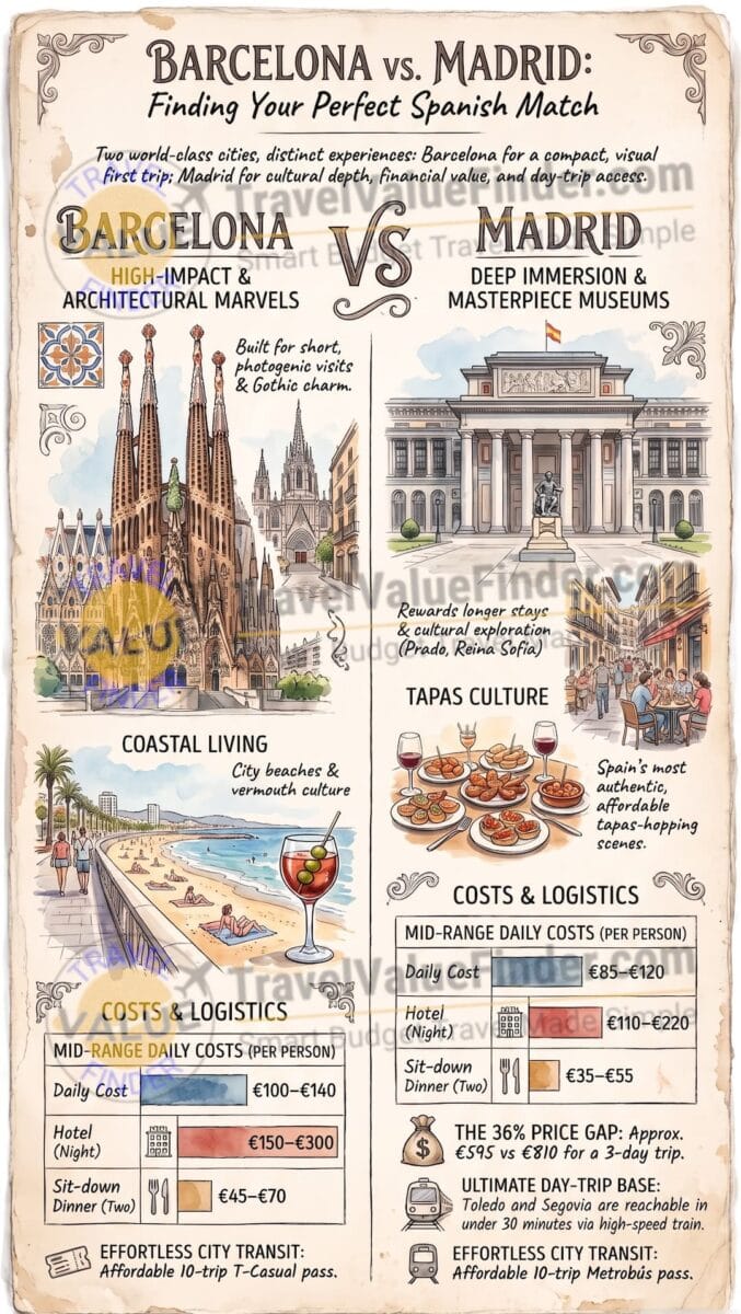 Barcelona vs Madrid: I Spent a Week in Each So You Don't Have to Guess 2 Barcelona vs. Madrid Comparison Guide Infographic - Travel Value Finder