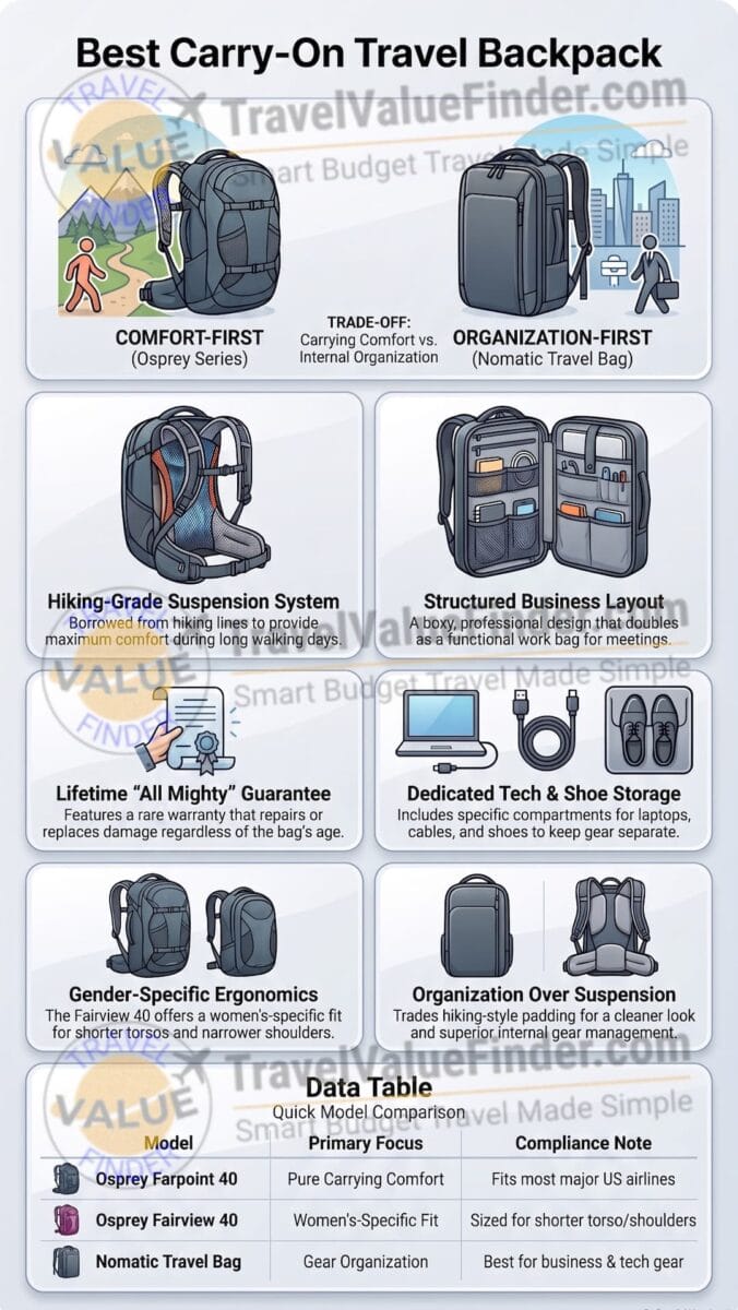 Best Carry-on Travel Backpack Guide Infographic- Travel Value Finder