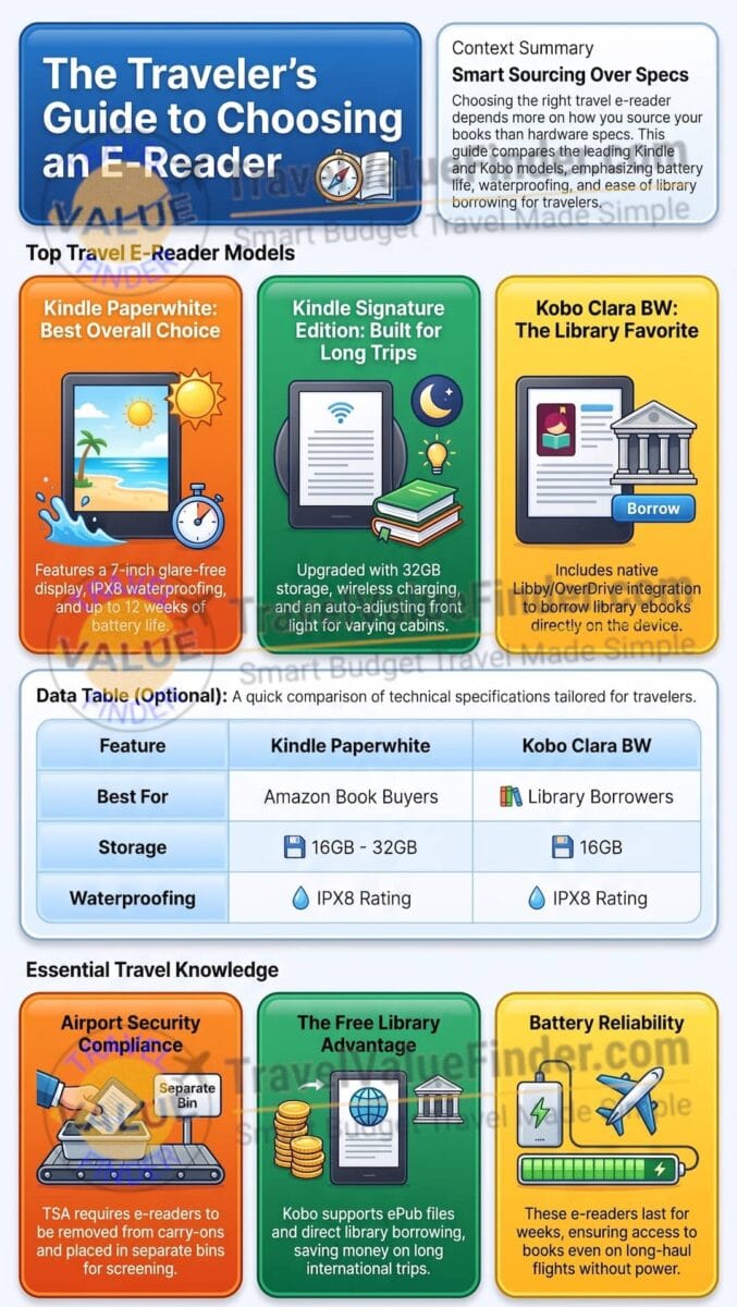 Best E-Reader for Travel: Kindle vs. Kobo Compared 2 Best E-Reader for Travel - Kindle vs. Kobo Buying Guide Infographic - Travel Value Finder