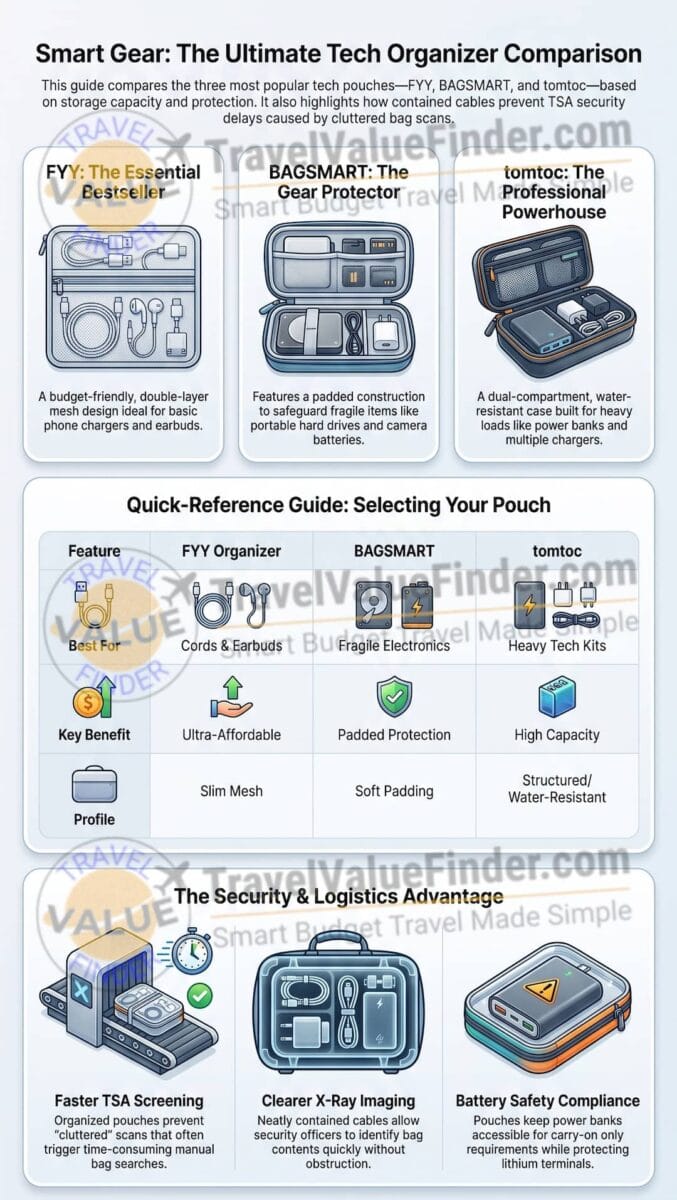 Best Tech Organizer Pouch for Travel: FYY vs. BAGSMART vs. tomtoc 2 Best Tech Organizer Pouch for Travel - FYY vs. BAGSMART vs. tomtoc Comparison Guide - Travel Value Finder
