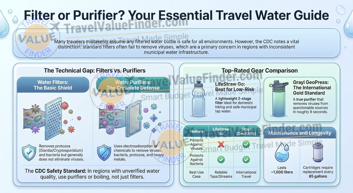 Best Water Purification Bottle for Travel: Filter vs. Purifier, Compared 1 Best Water Purification Bottle for Travel - Travel Water Purification Guide - Travel Value Finder