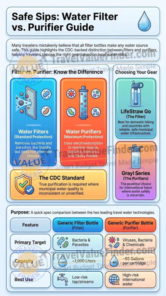 Best Water Purification Bottle for Travel: Filter vs. Purifier, Compared 2 Best Water Purification Bottle for Travel - Water Filter vs. Purifier Guide Infographic - Travel Value Finder