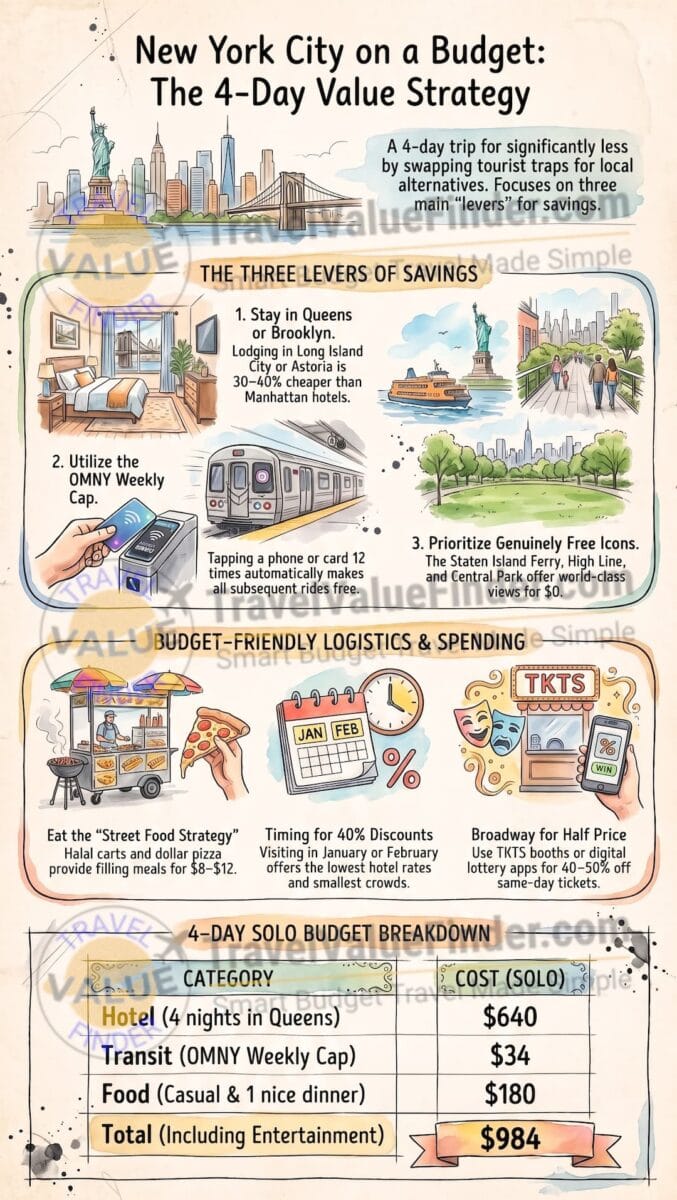 New York on a Budget: What I Spent in 4 Days Without Cutting the Fun 2 New York on a Budget - 4-Day Budget Strategy Infographic - Travel Value Finder