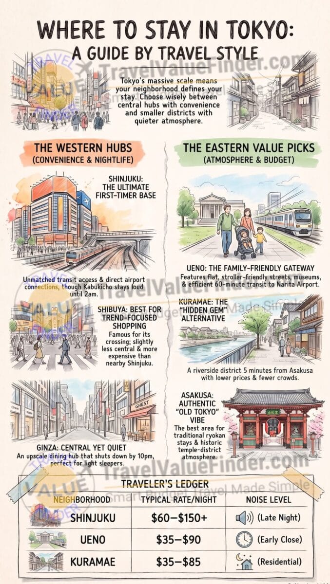 The Tokyo Neighborhood Every Guide Skips (And Why I'd Stay There Twice) 2 Where to Stay in Tokyo - Neighborhood Accommodation Guide Infographic - Travel Value Finder