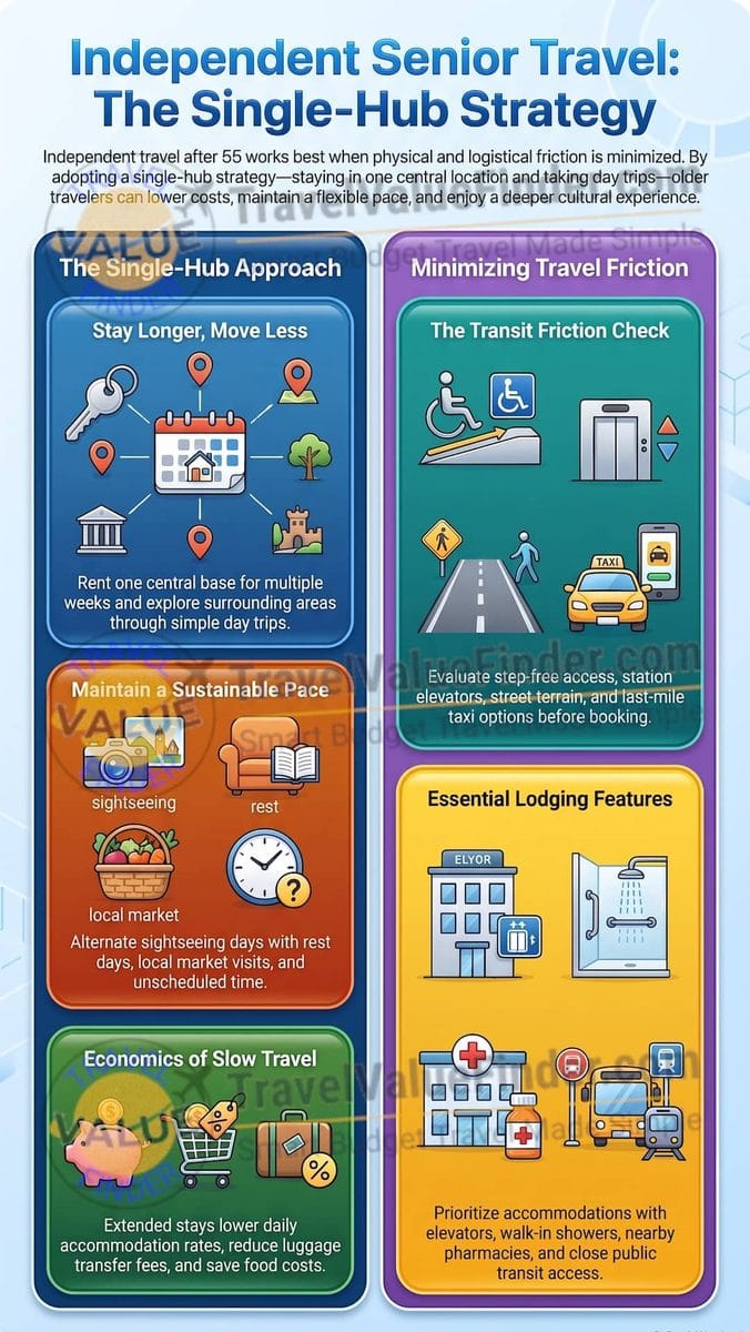 Senior Travel: A Practical Guide to Independent Travel After 55 2 Infographic Senior Travel - Single-Hub Travel Strategy - Travel Value Finder
