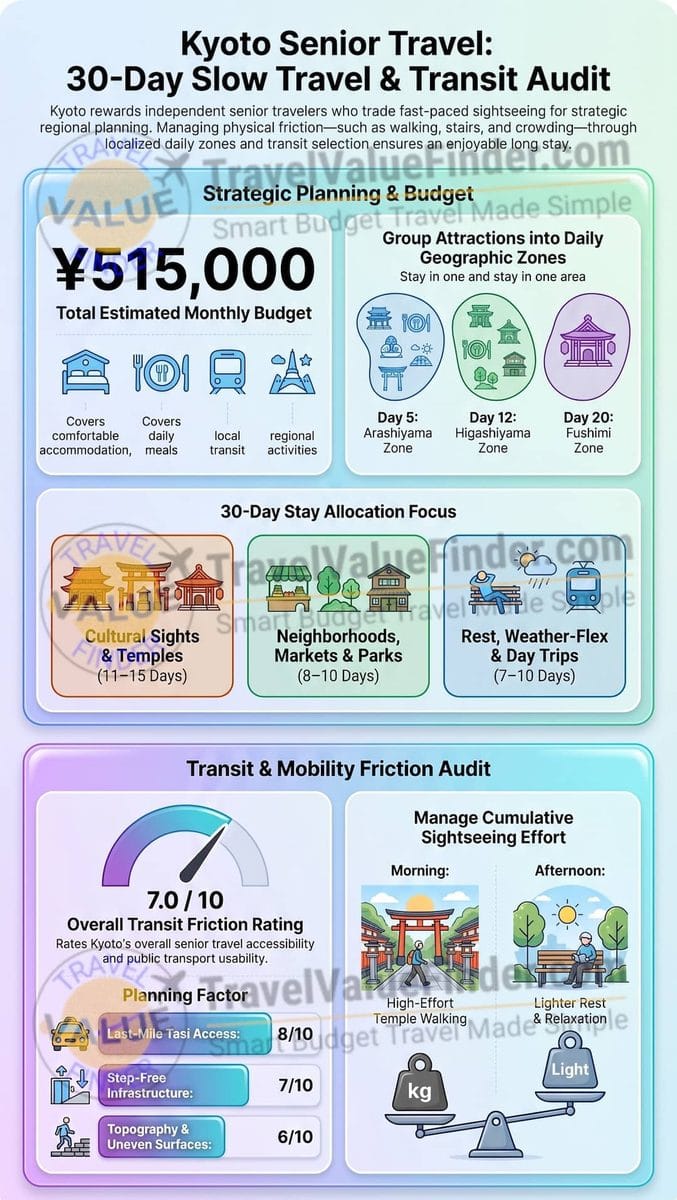 Kyoto Senior Travel: 30-Day Slow Travel & Transit Audit 2 Infographic Kyoto Senior Travel Guide Audit - Travel Value Finder